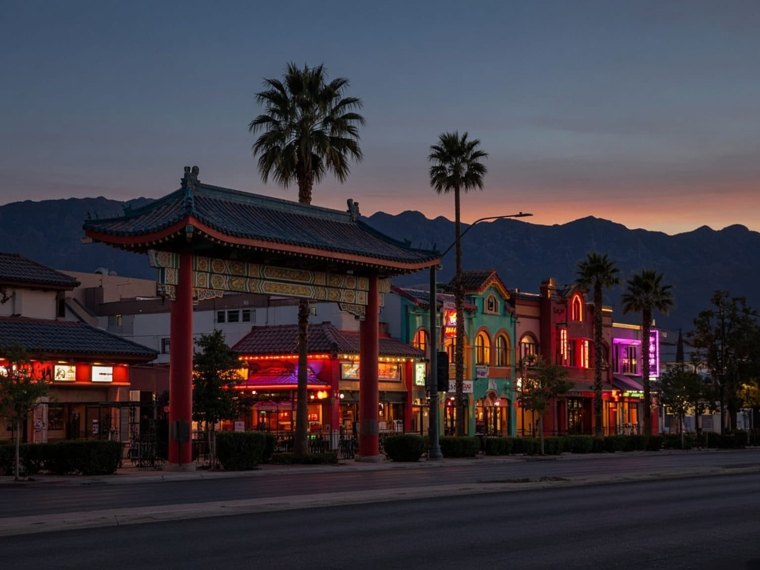Spring Mountain Road Chinatown corridor in Spring Valley Las Vegas at dusk